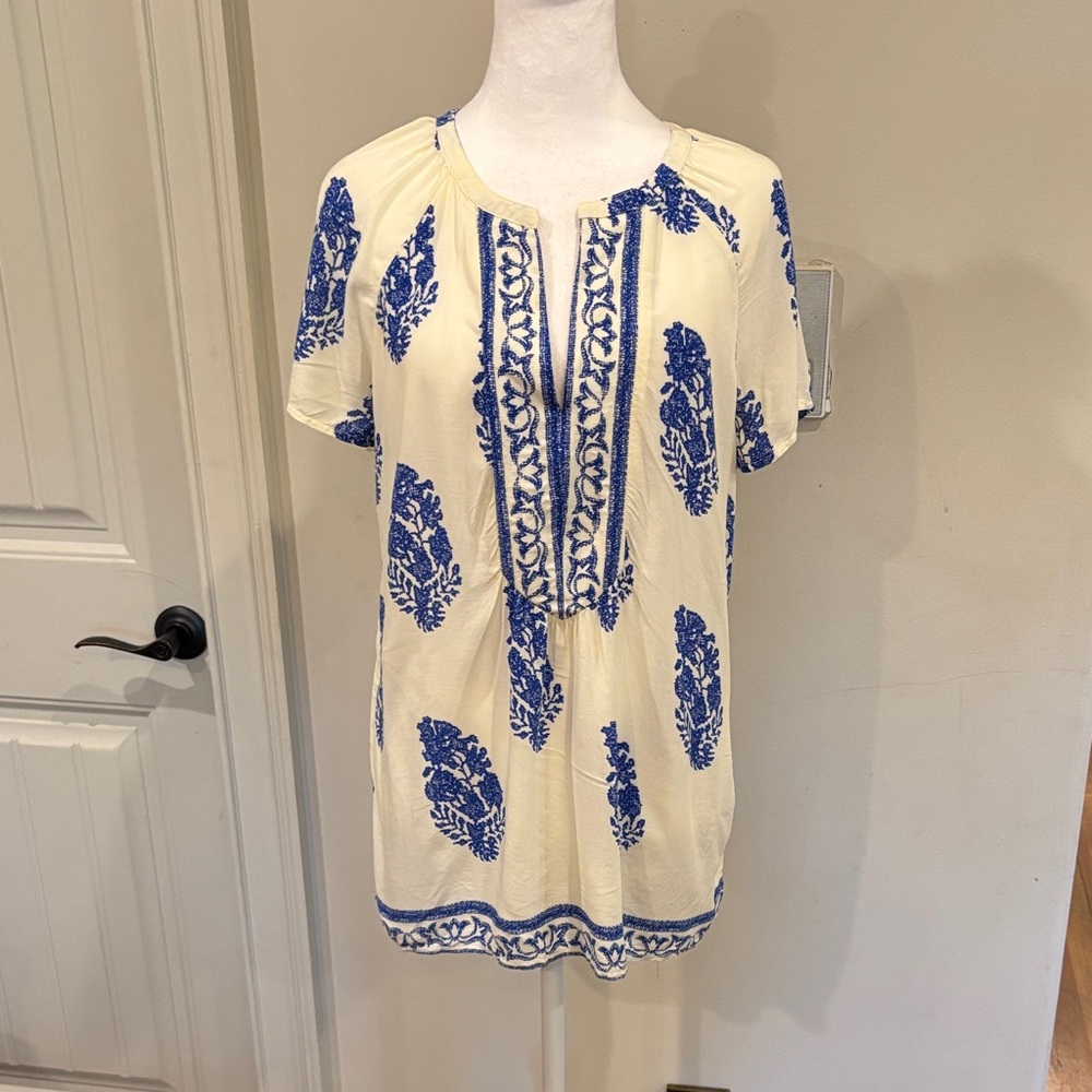 Blue and Cream Women's Top